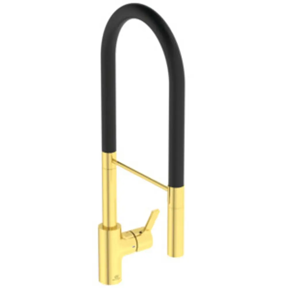 Küchenarmatur von Ideal Standard mit einem gebogenen, schwarzen Auslauf und einem goldenen Sockel. Der Hebel zur Temperaturregulierung ist an der Seite angebracht.